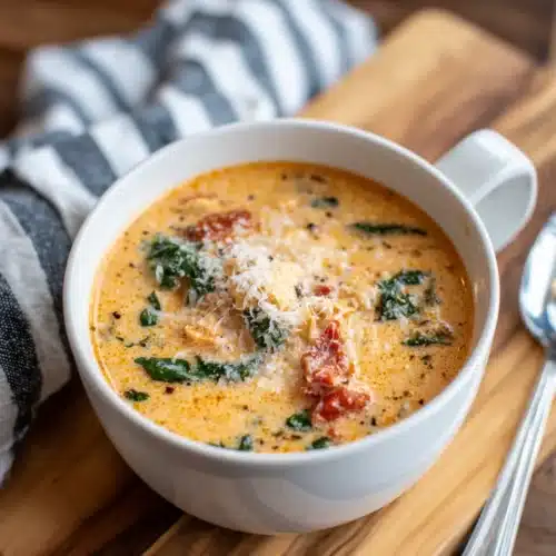 Creamy Tuscan chicken soup in a white bowl with spinach and Parmesan, served on a wooden board