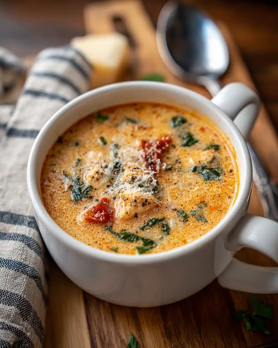 Creamy Tuscan chicken soup in a white bowl with spinach and Parmesan, served on a wooden board