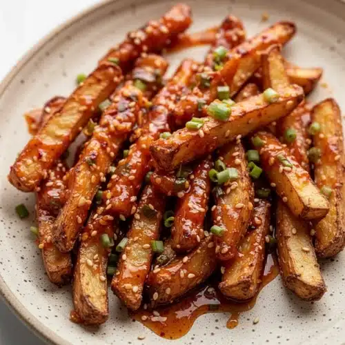 Crispy honey chilli potatoes with sesame seeds and green onions on a plate