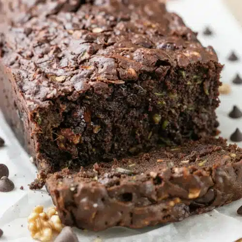 Moist death by chocolate zucchini bread with chocolate chips and walnuts, sliced