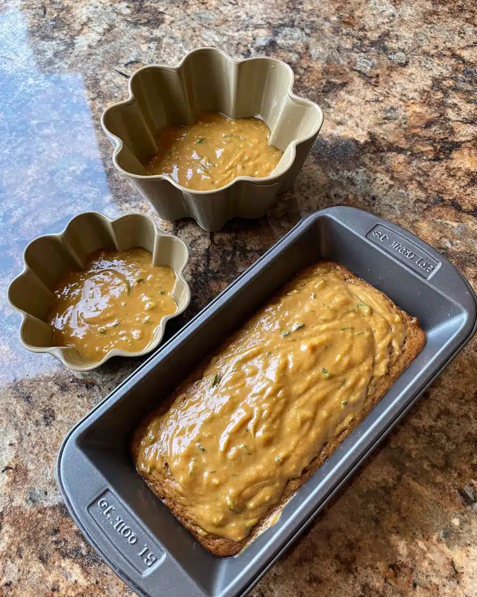 Delicious pumpkin zucchini bread batter in loaf and muffin pans ready for baking