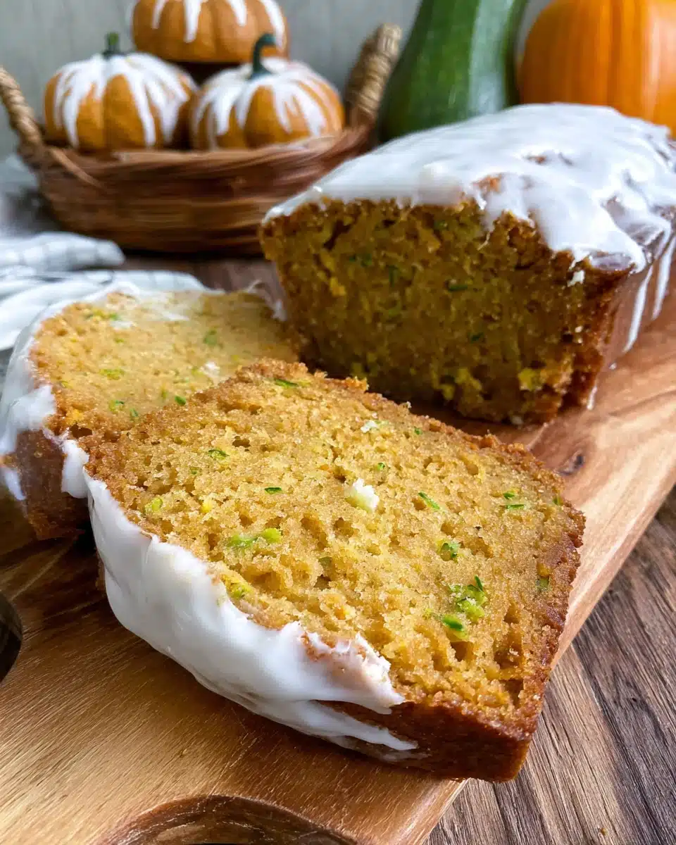 Delicious pumpkin zucchini bread with white icing, sliced on a wooden board
