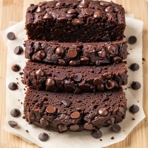 Moist double chocolate zucchini banana bread slices stacked with chocolate chips