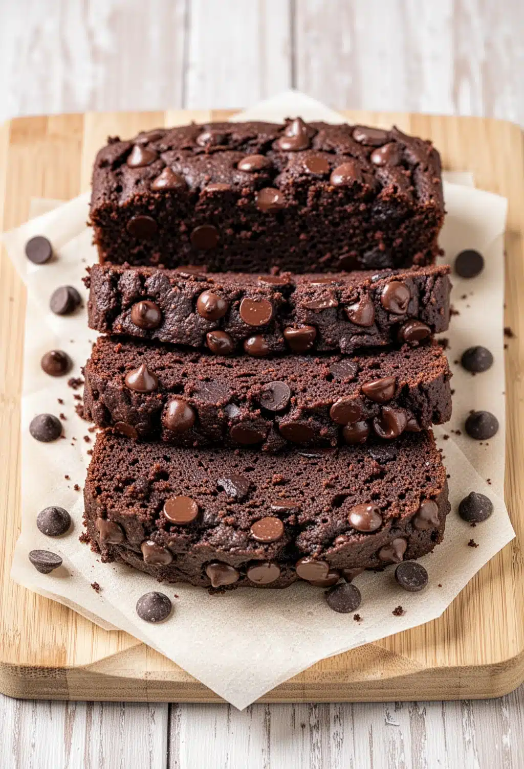 Moist double chocolate zucchini banana bread slices stacked with chocolate chips