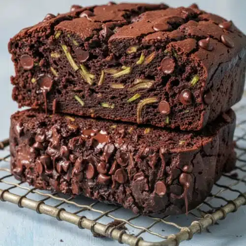 Double chocolate zucchini banana bread with melted chocolate chips on a cooling rack