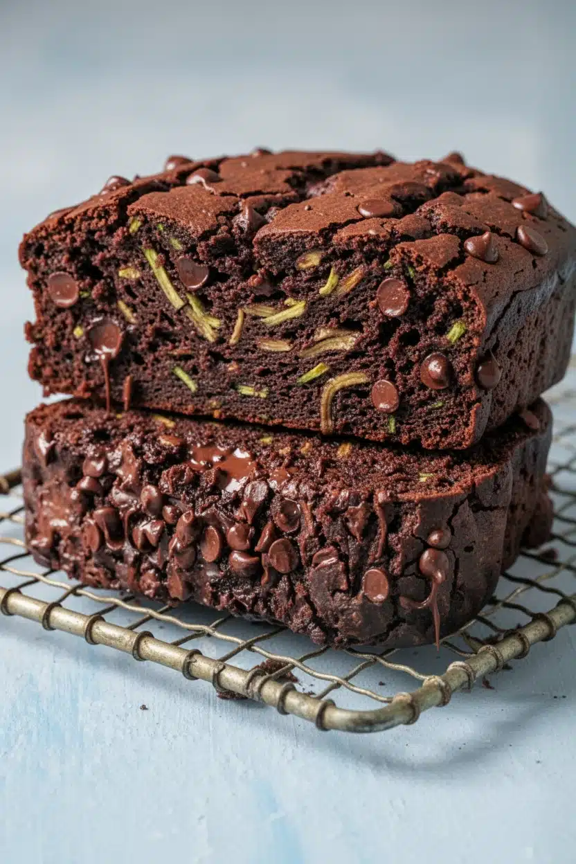 Double chocolate zucchini banana bread with melted chocolate chips on a cooling rack