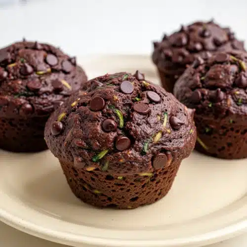 Double Chocolate Zucchini Muffins: Deliciously Indulgent Treats 2 Double chocolate zucchini muffins on a blue plate, one split open to show moist texture