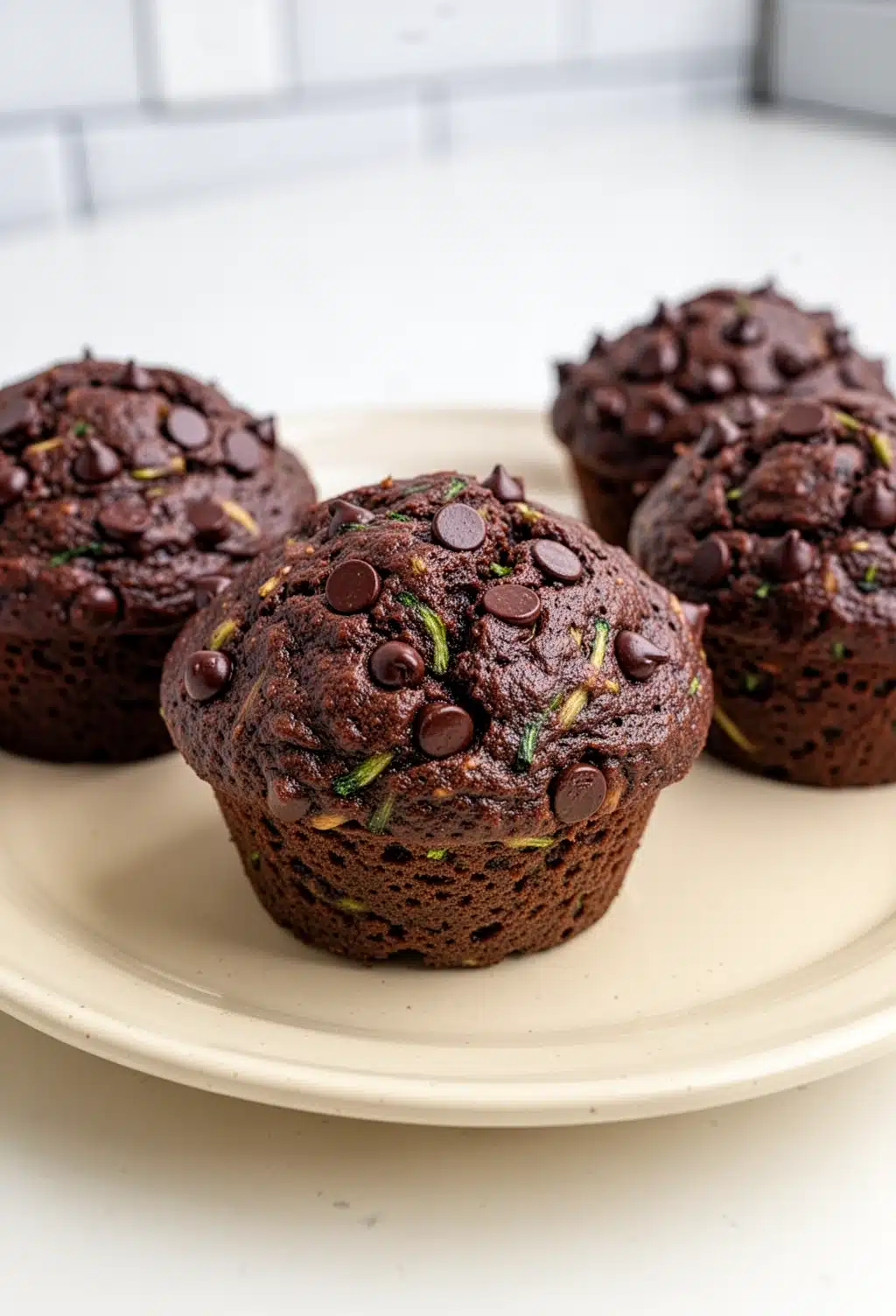 Double Chocolate Zucchini Muffins Recipe Double chocolate zucchini muffins on a blue plate, one split open to show moist texture