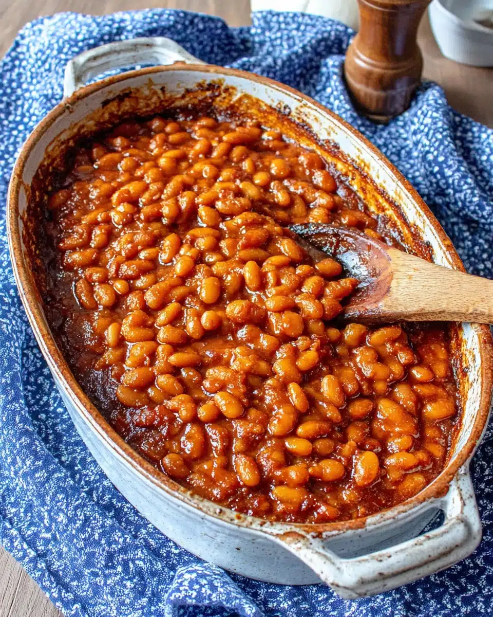 Easy baked beans in a ceramic dish with a wooden spoon, ready to serve