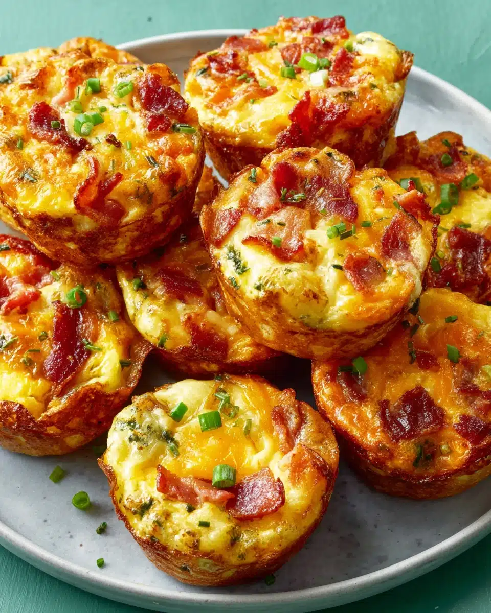 Easy breakfast egg muffins with bacon, cheese, and green onions on a plate