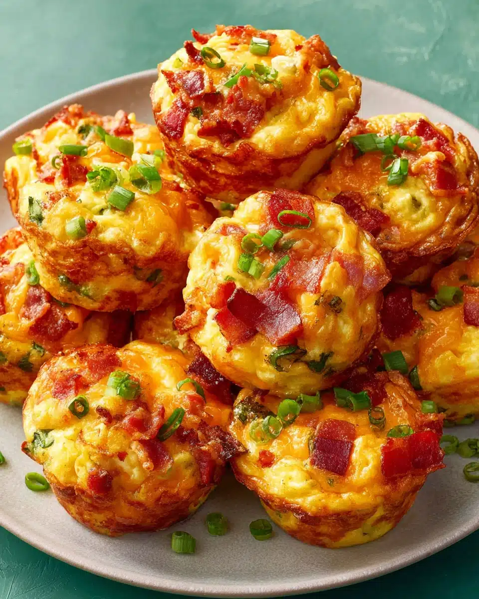 Easy breakfast egg muffins with bacon, cheese, and green onions on a plate