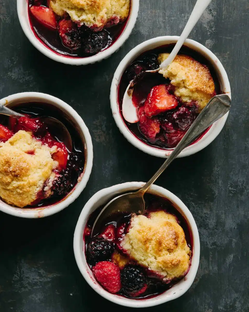 Easy old fashioned peach cobbler with golden topping and juicy fruit in white bowls