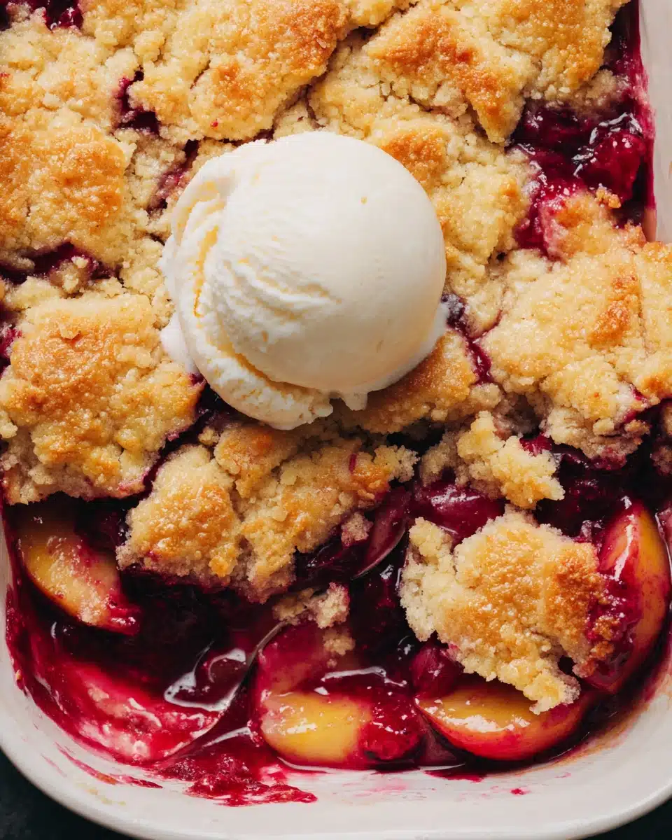 Easy old fashioned peach cobbler with golden topping and vanilla ice cream