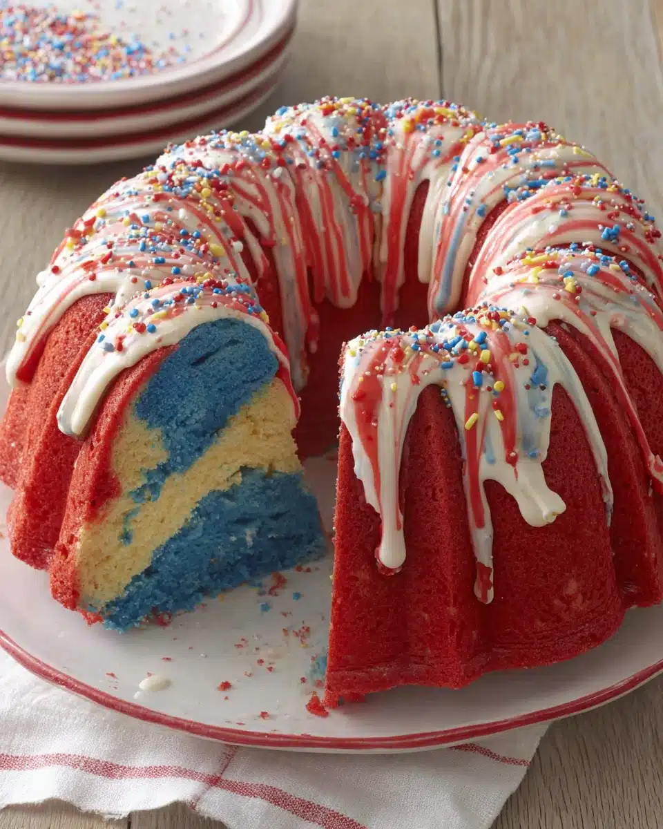 Firecracker red, white and blue cake with layered colors and festive frosting