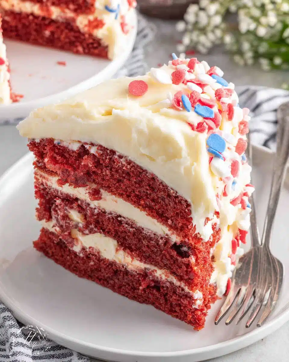 Fourth of July layer cake slice with red and blue velvet layers and festive decorations