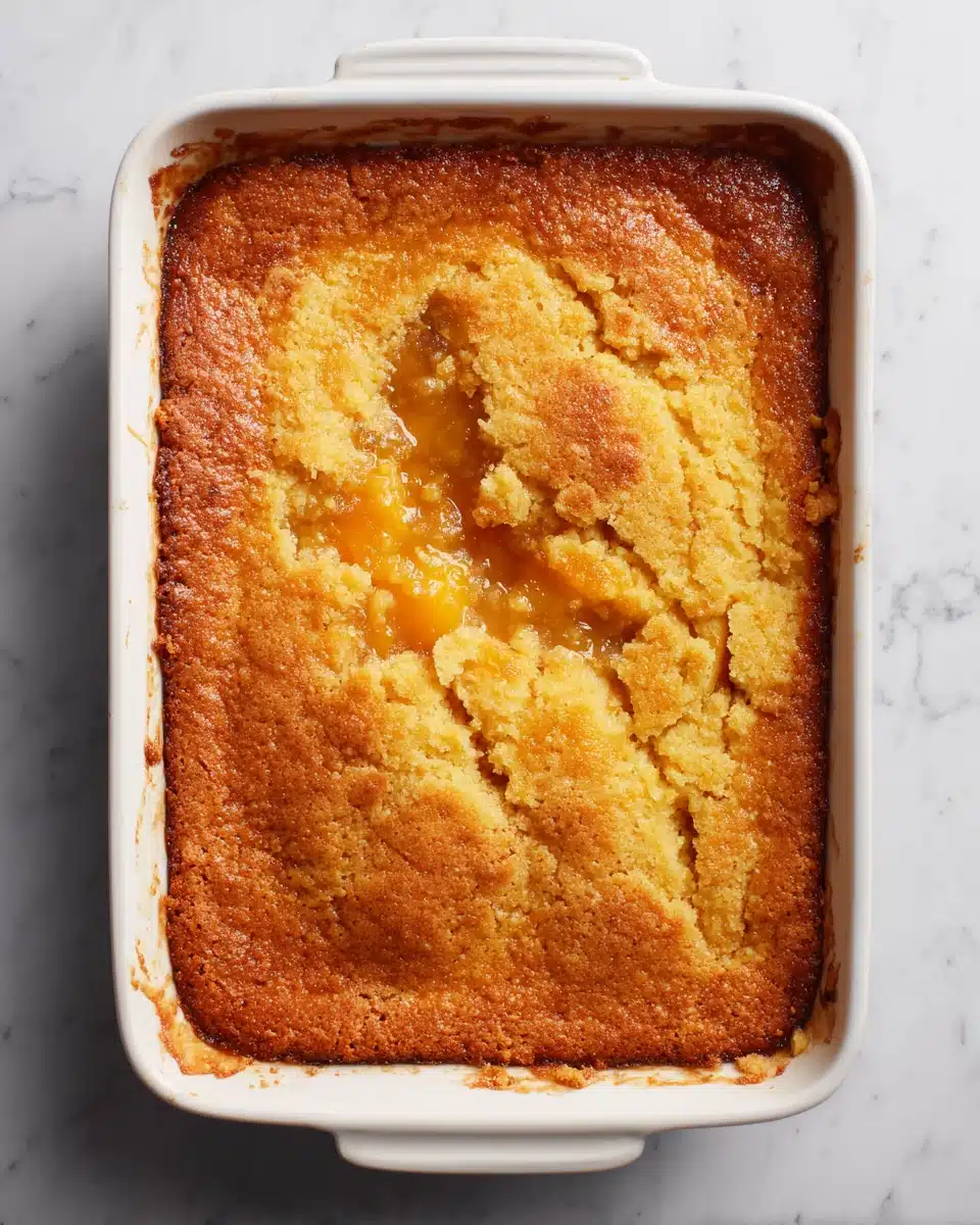 Fresh Peach Cobbler Recipe Golden Brown Top Fresh peach cobbler in a white baking dish with golden-brown topping