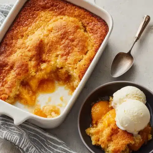 Fresh Peach Cobbler: A Delightfully Easy Dessert 1 Fresh peach cobbler in a baking dish with a bowl of cobbler topped with vanilla ice cream