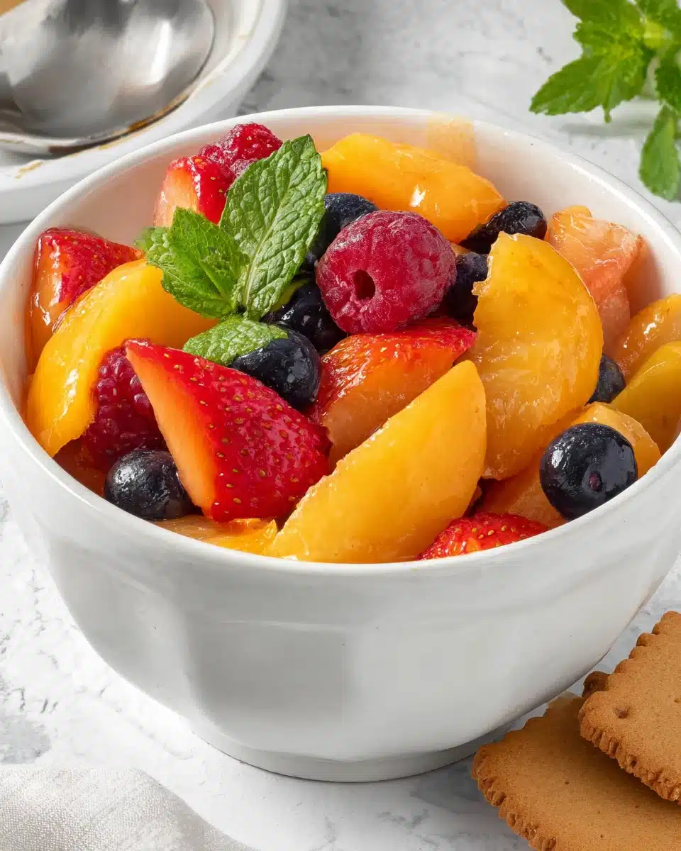 Fresh fruit dessert with peaches, berries, and mint in a white bowl