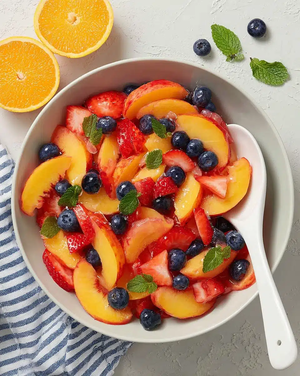 Fresh fruit dessert with peaches, berries, and mint in a white bowl
