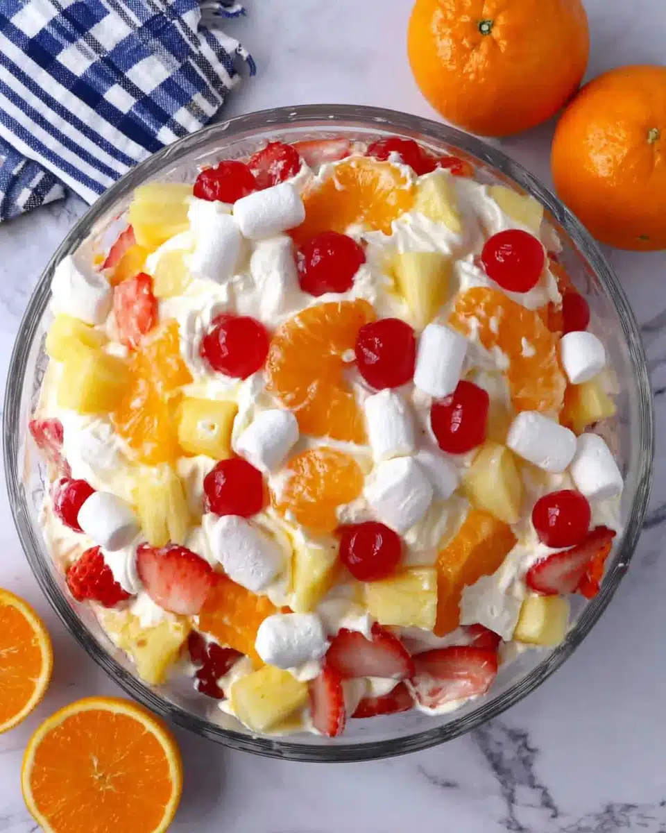 Fruit Salad with Cool Whip and Fresh Berries Colorful fruit salad with Cool Whip, strawberries, oranges, cherries, and marshmallows in a glass bowl