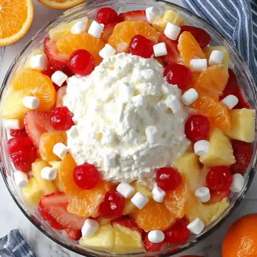 Fruit Salad with Cool Whip: A Delightful Treat 1 Colorful fruit salad with Cool Whip, strawberries, oranges, cherries, and marshmallows in a glass bowl