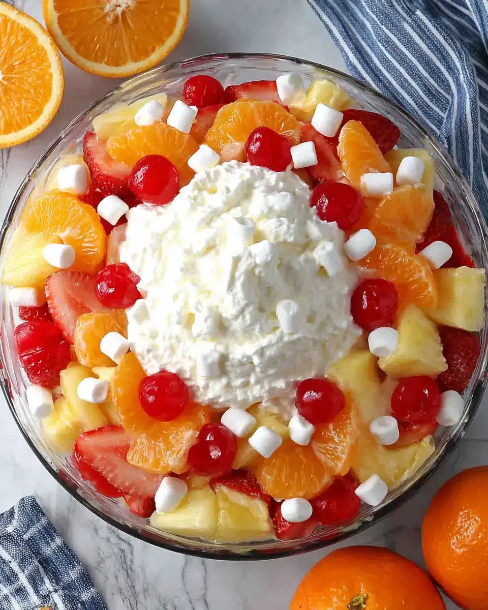 Fruit Salad with Cool Whip and Fresh Berries Colorful fruit salad with Cool Whip, strawberries, oranges, cherries, and marshmallows in a glass bowl