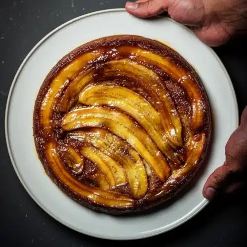 Ghee and cardamom upside down banana cake with caramelized banana topping