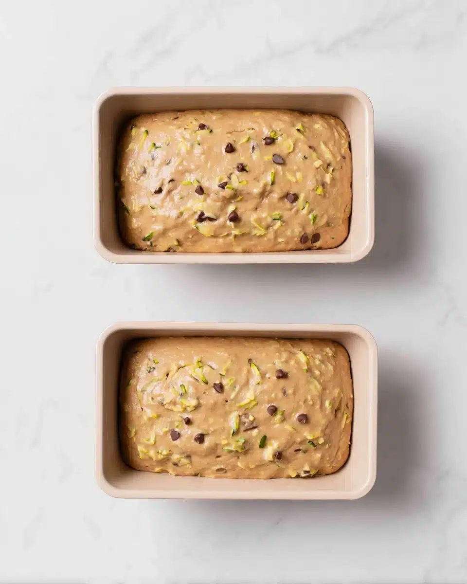 Gluten free chocolate zucchini bread batter in two loaf pans ready for baking
