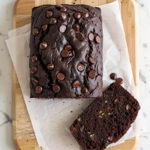 Gluten free chocolate zucchini bread with chocolate chips on wooden board