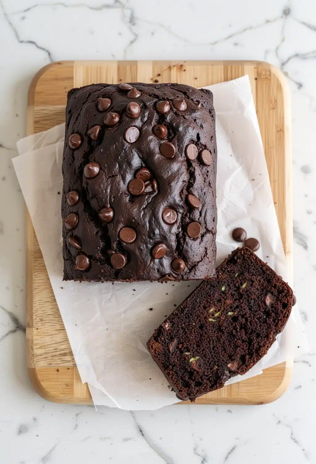 Gluten free chocolate zucchini bread with chocolate chips on wooden board