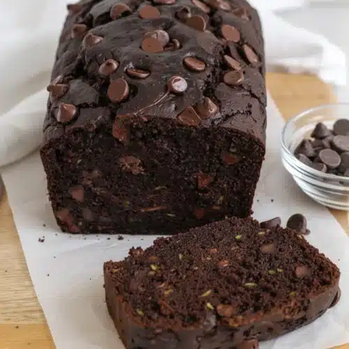 Delicious Gluten Free Chocolate Zucchini Bread Dairy Free! 2 Gluten free chocolate zucchini bread with chocolate chips, sliced on a wooden board