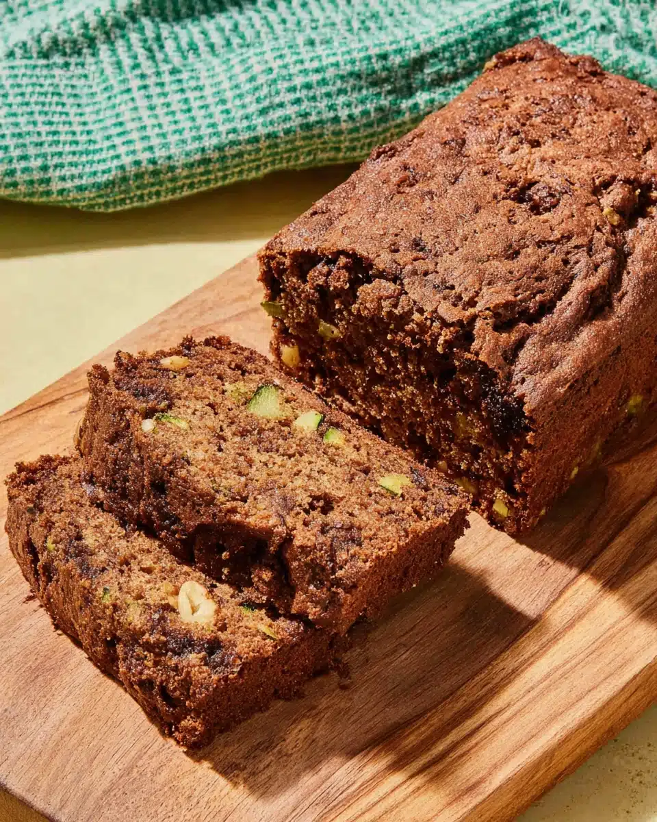 Gluten free chocolate zucchini bread with chocolate chips and walnuts on a wooden board