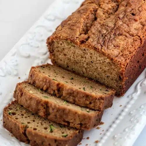 Gluten free dairy free zucchini bread sliced on a white decorative platter