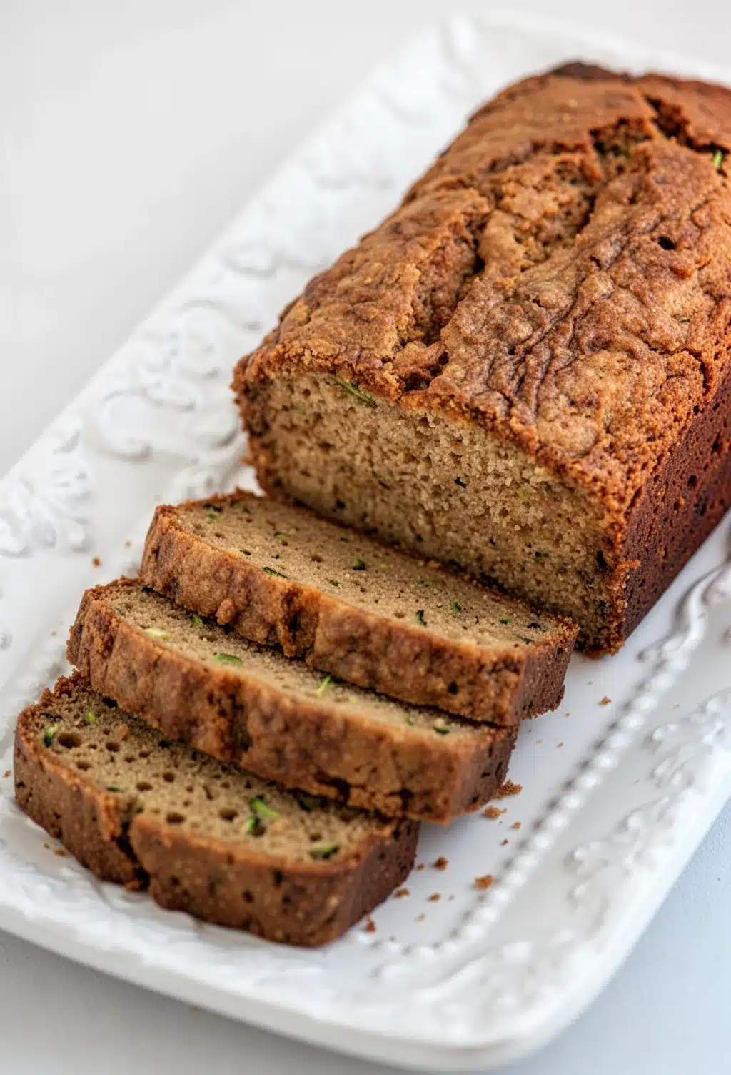 Gluten free dairy free zucchini bread sliced on a white decorative platter