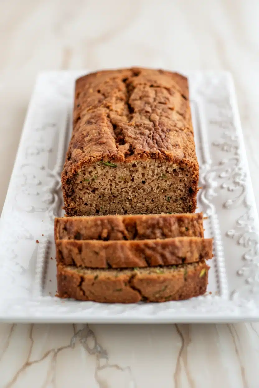 Gluten free dairy free zucchini bread loaf sliced on white platter