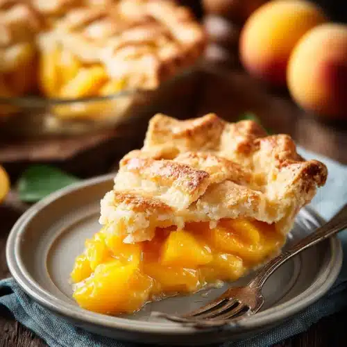 Gluten free peach pie slice with flaky crust and juicy filling on a plate