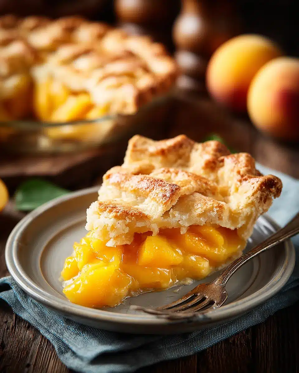 Gluten free peach pie slice with flaky crust and juicy filling on a plate