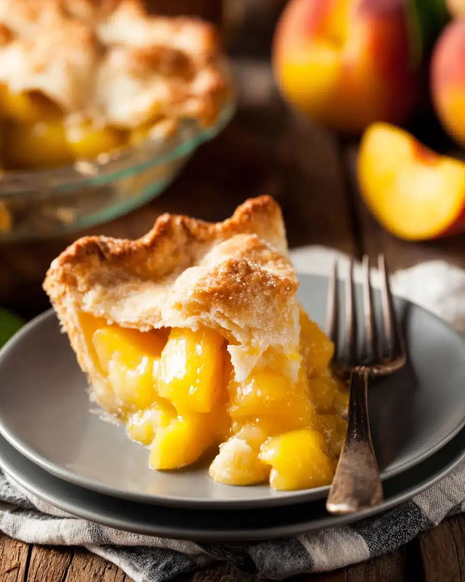 A slice of gluten free peach pie with juicy peaches and flaky crust on a plate.