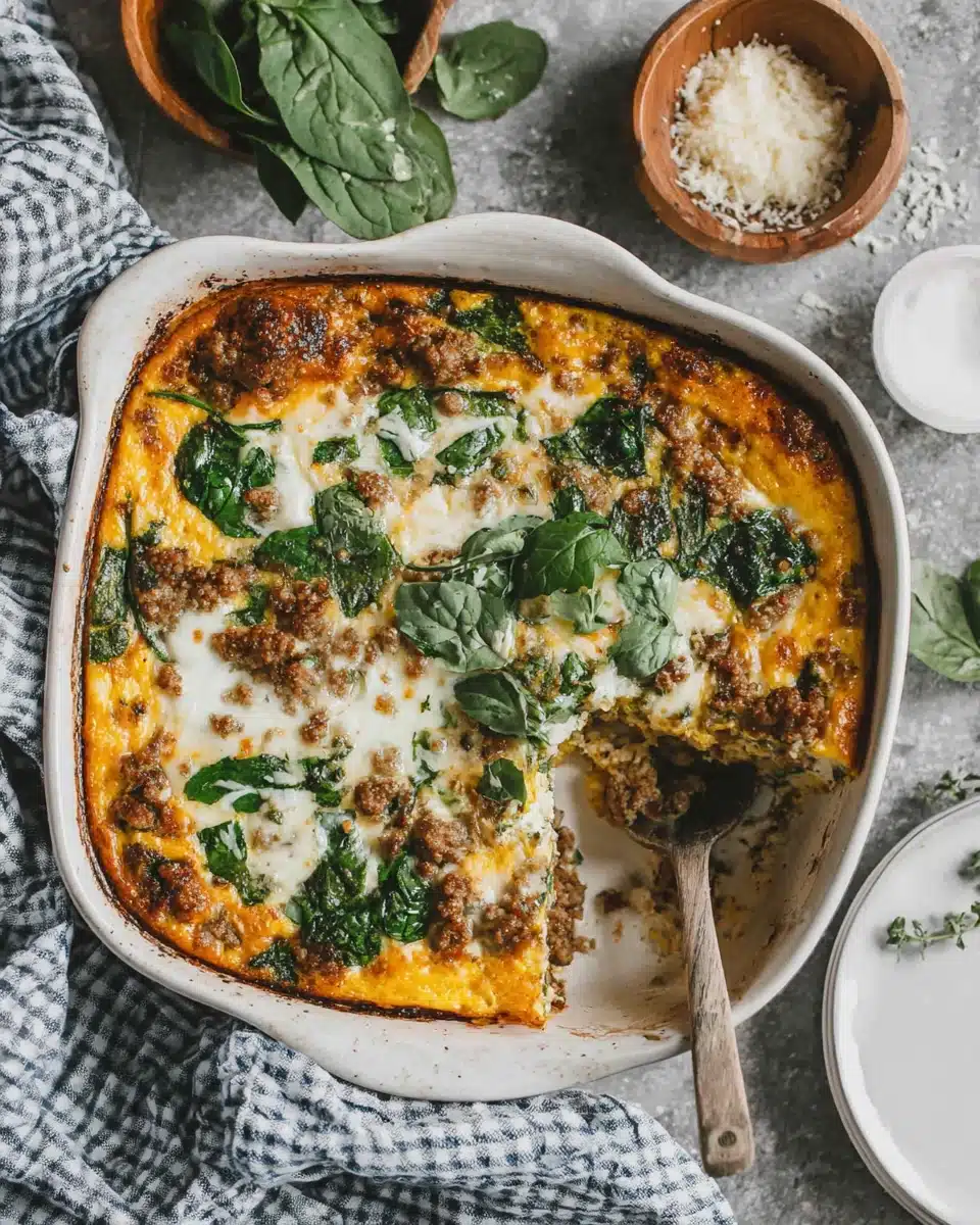 Ground turkey egg casserole with spinach and cheese in a baking dish