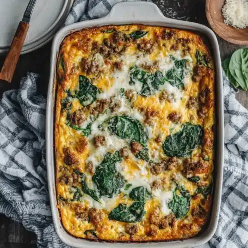 Ground turkey egg casserole with spinach and cheese in a baking dish