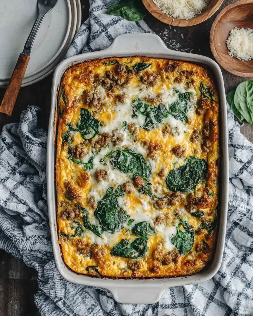 Ground turkey egg casserole with spinach and cheese in a baking dish