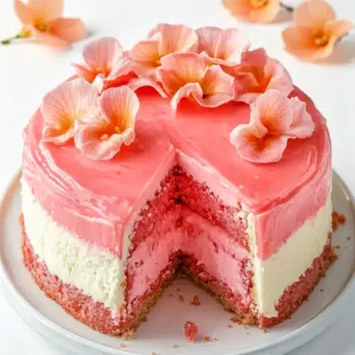 Hawaiian guava cake with pink glaze and hibiscus flowers, slice removed