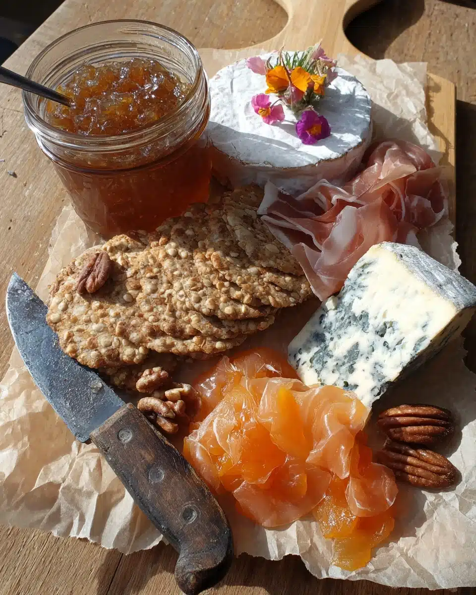 Homemade bourbon peach jam on a charcuterie board with crackers, cheese, and prosciutto
