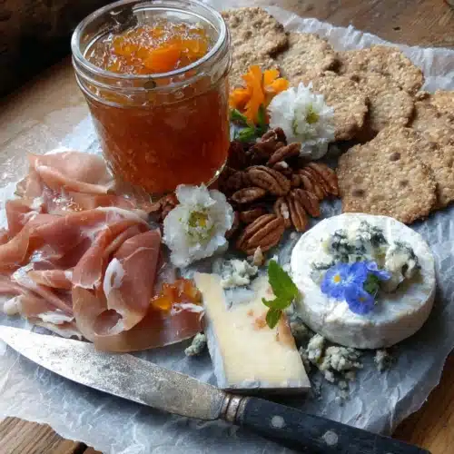 Homemade bourbon peach jam on a charcuterie board with crackers, cheese, and prosciutto