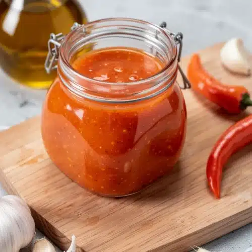 Homemade Garlic Habanero Sauce: A Fiery Flavor Delight 2 Homemade garlic habanero sauce in a glass jar with fresh peppers and oil