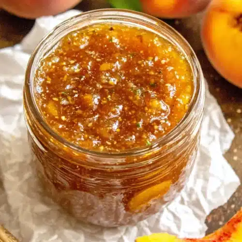 Homemade peach jalapeno jam in a glass jar with fresh peaches nearby