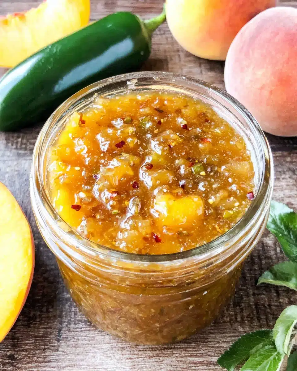 Homemade peach jalapeno jam in a glass jar with fresh peaches and jalapeño nearby