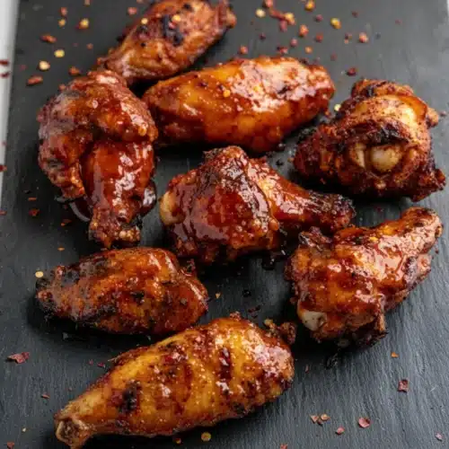Honey Sriracha Chicken Wings: A Spicy Delight 2 Crispy honey sriracha chicken wings being brushed with sauce on a slate platter