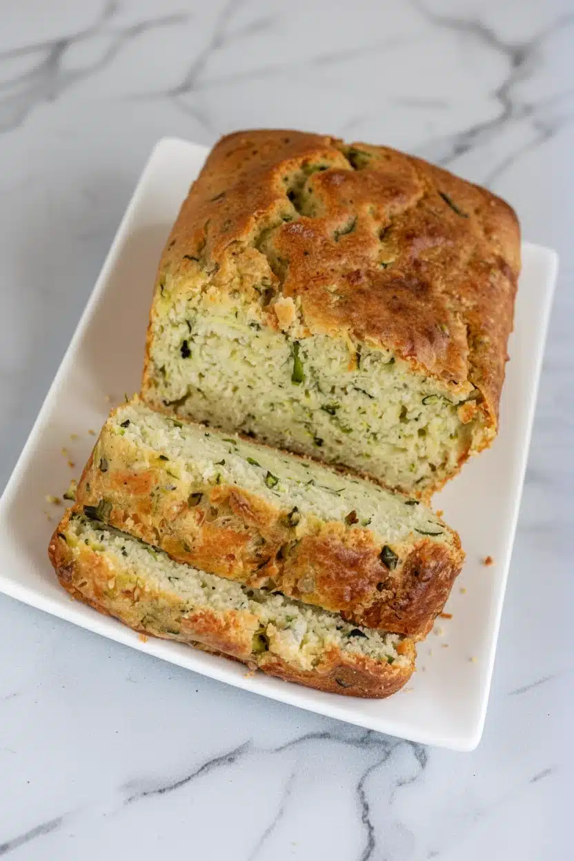 Ina Garten zucchini bread sliced on a white plate, showing moist texture and green zucchini bits