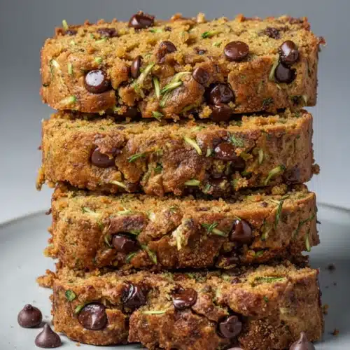 Moist Ina Garten zucchini bread with chocolate chips, sliced and stacked